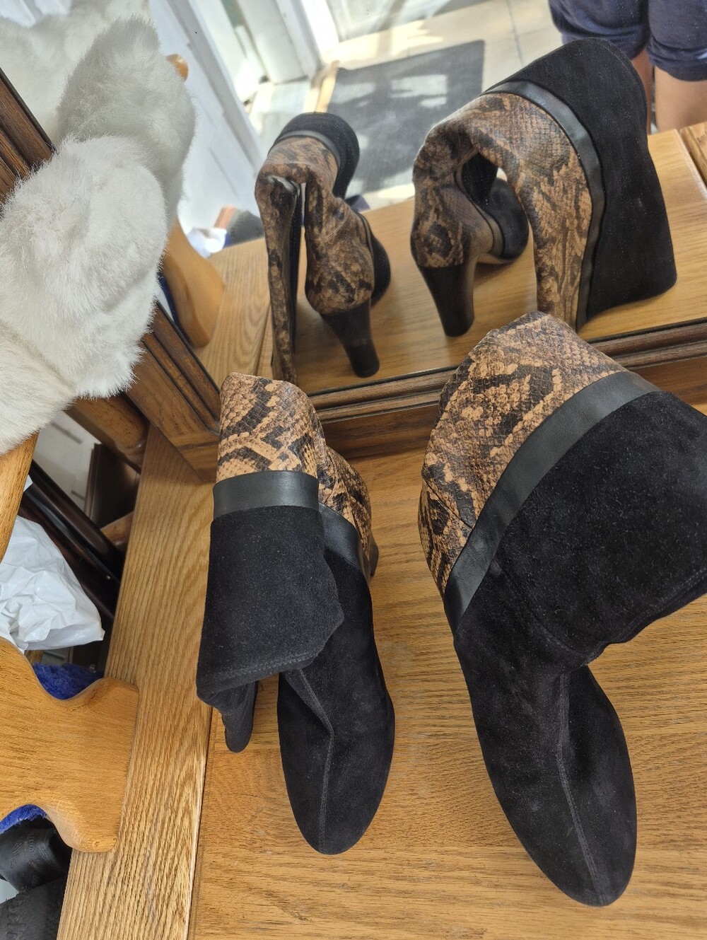 Rosegold Made in Spain Suede Python Snakeskin Leather Knee High Heeled Boots 38